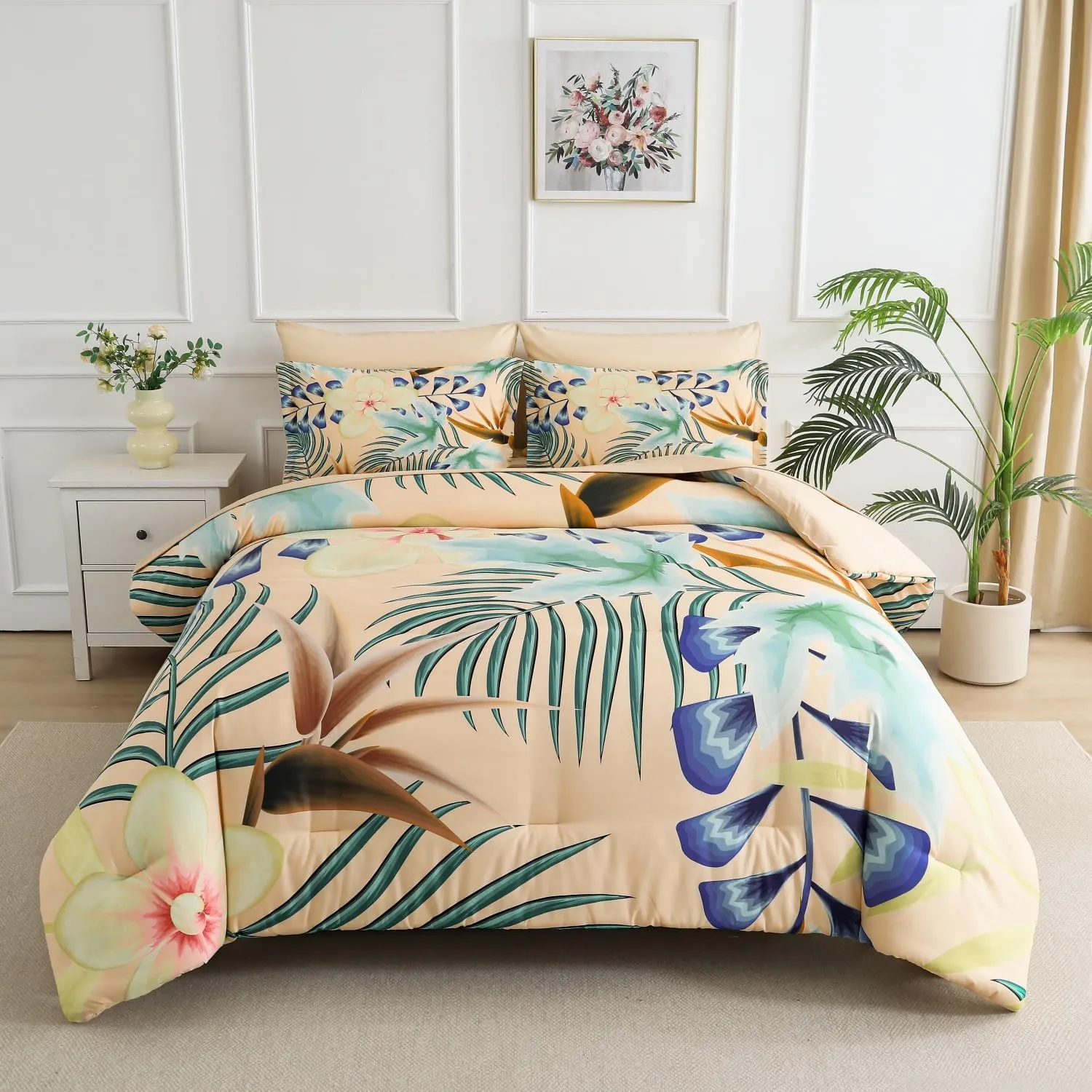 Yogeneg 7 Piece Bed in a Bag Queen Size Comforter Set Khaki Bedding Set,Yellow Floral Green Leaves Pattern Reversible Design,Soft Microfiber Comforter with Sheet Set,All Season(Khaki,Queen)