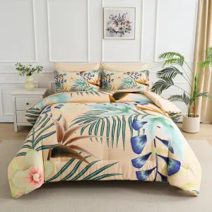 Yogeneg 7 Piece Bed in a Bag Queen Size Comforter Set Khaki Bedding Set,Yellow Floral Green Leaves Pattern Reversible Design,Soft Microfiber Comforter with Sheet Set,All Season(Khaki,Queen)