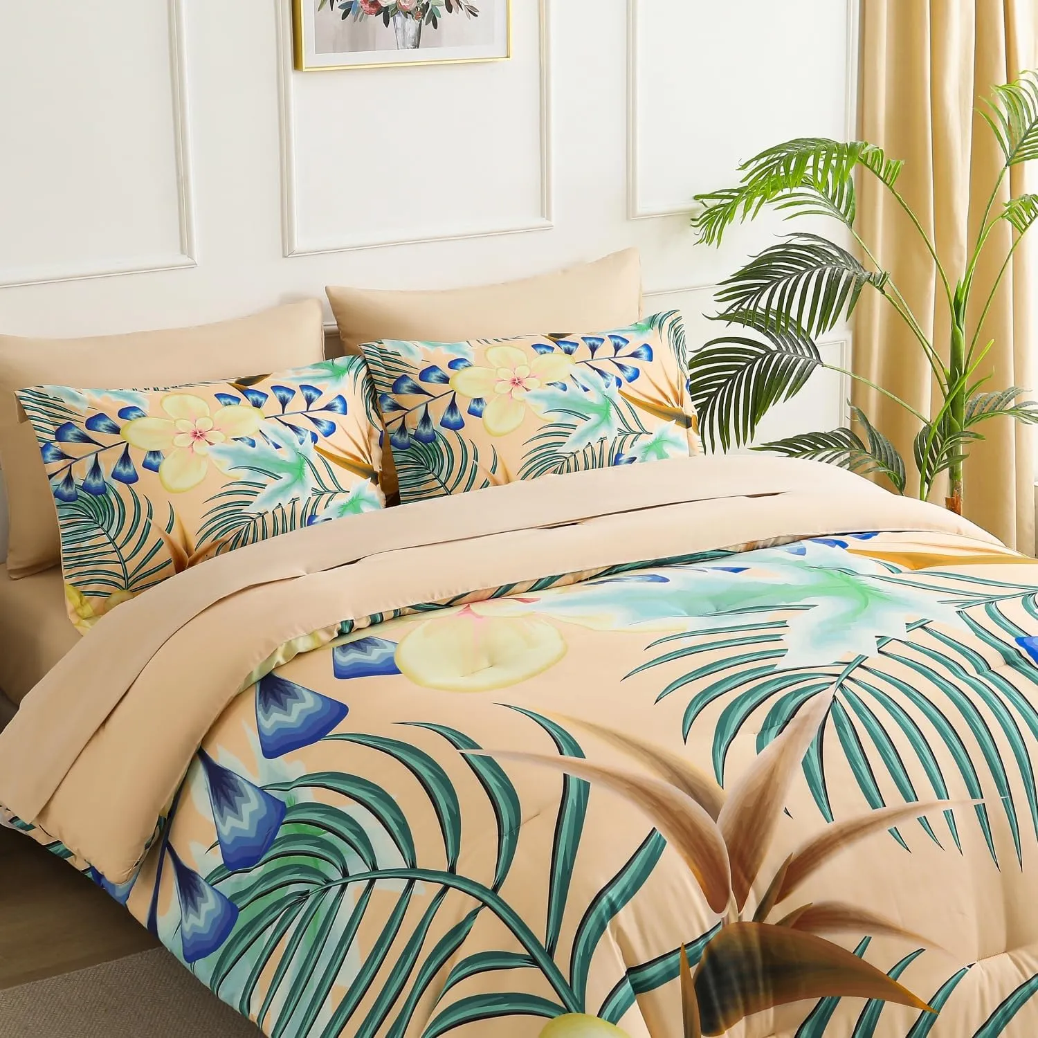 Yogeneg 7 Piece Bed in a Bag Queen Size Comforter Set Khaki Bedding Set,Yellow Floral Green Leaves Pattern Reversible Design,Soft Microfiber Comforter with Sheet Set,All Season(Khaki,Queen)