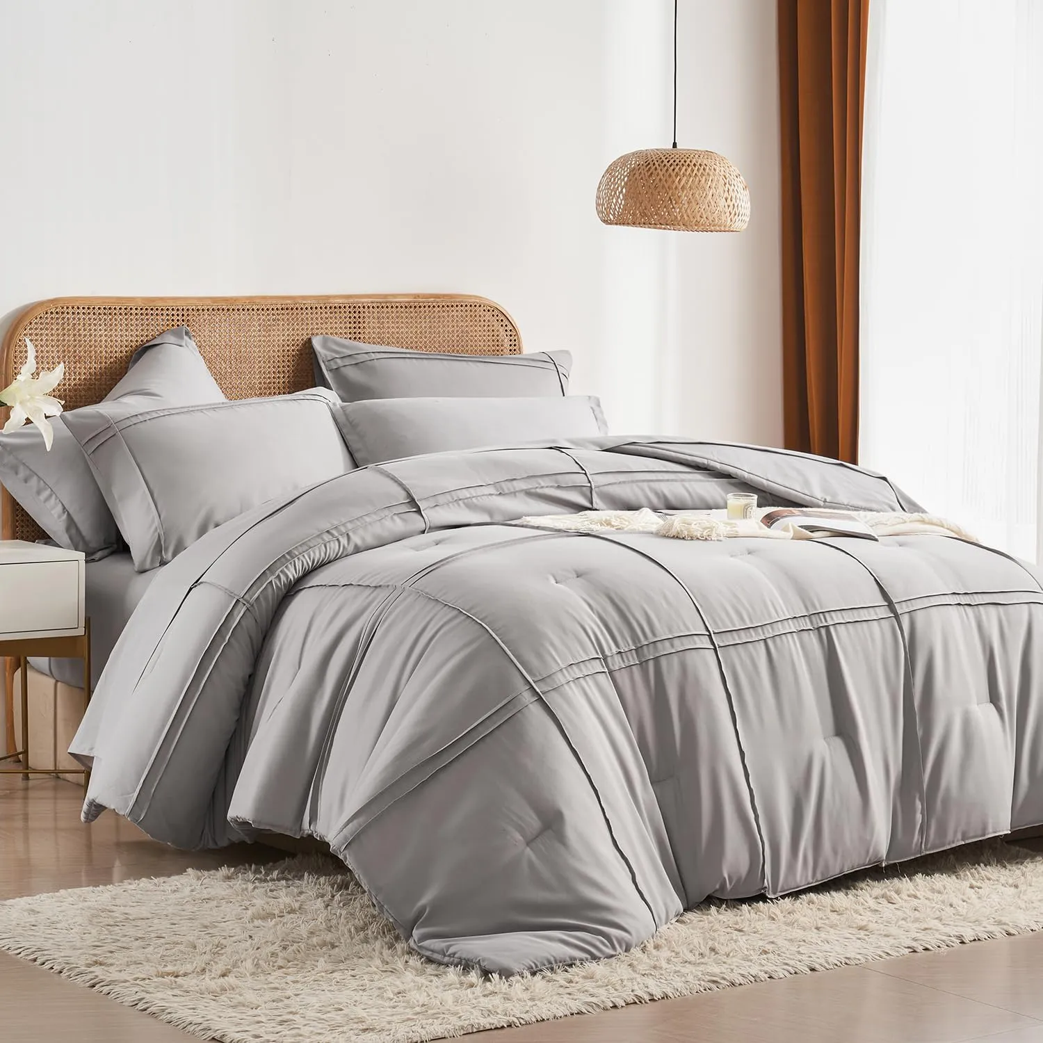 Yogeneg Queen Comforter Set 7 Piece Bed in a Bag,Grid Pinch Pleat Grey Bedding Set,Striped Textured Soft Microfiber Comforter with Sheet Set,All Season Complete Bed Set(Grey,Queen)