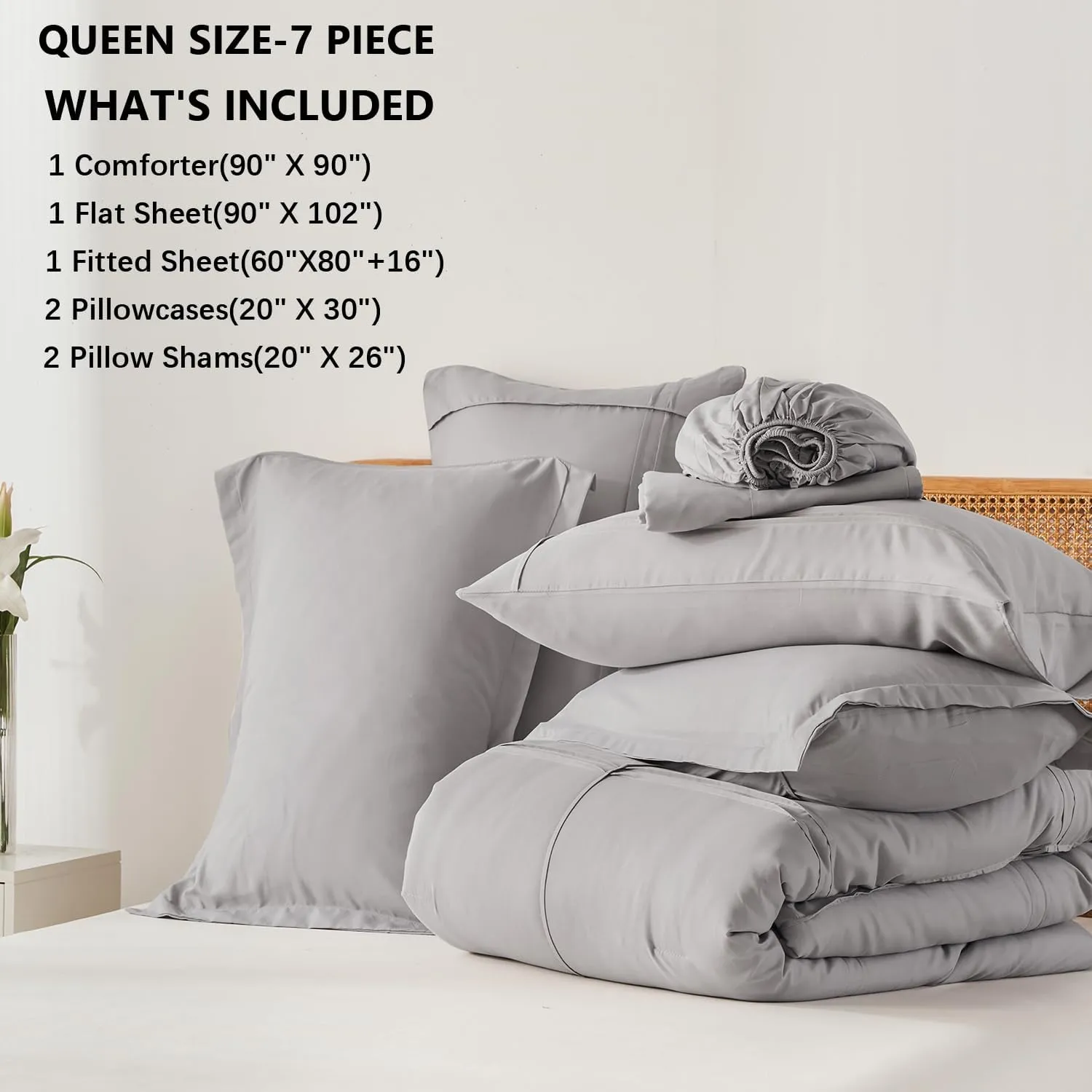 Yogeneg Queen Comforter Set 7 Piece Bed in a Bag,Grid Pinch Pleat Grey Bedding Set,Striped Textured Soft Microfiber Comforter with Sheet Set,All Season Complete Bed Set(Grey,Queen)