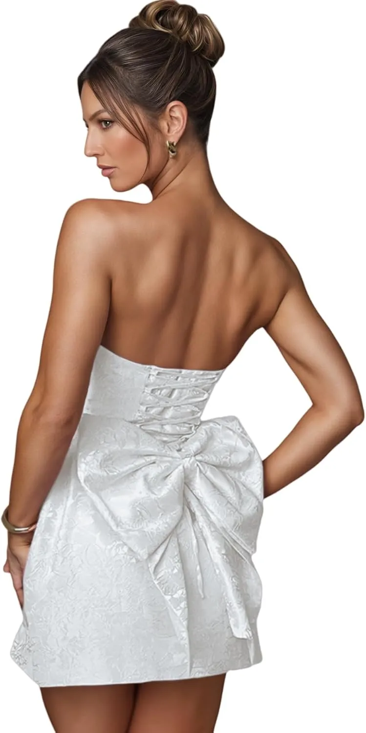 ZGMYC Jacquard Satin Homecoming Dress with Bow Elegant Strapless Mini Dress A Line Short Prom Dresses Party Gown